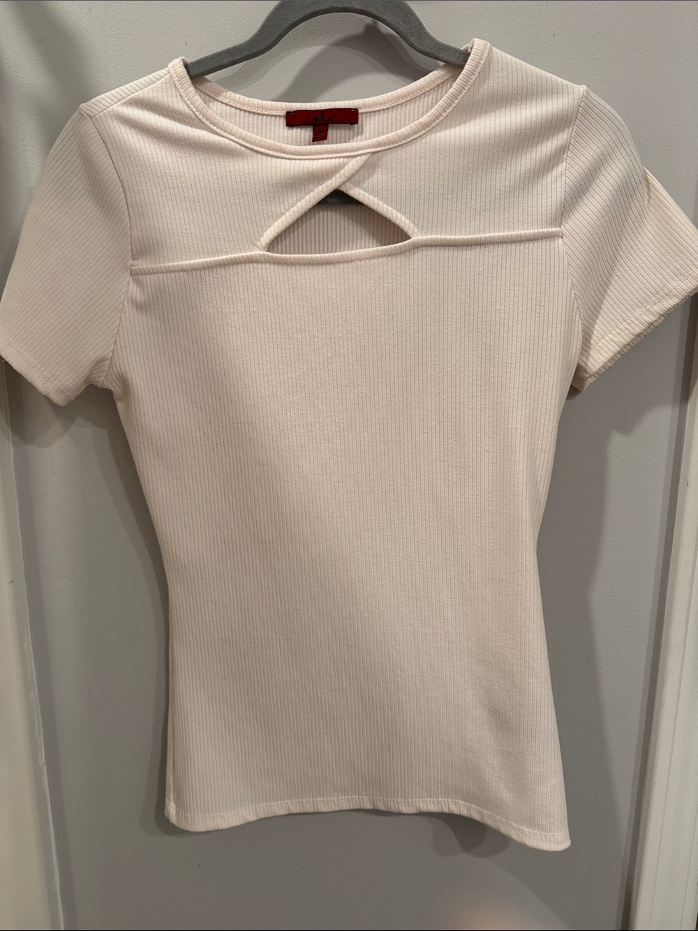 Cream Ribbed Short Sleeve Top with Front Keyhole by